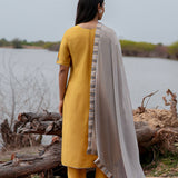 Mustard And Grey Cotton Kurta Set With Hand Embroidery