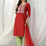 Purple Raw Silk Embroidered Kurti With Salwar And Dupatta