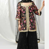 Black Designer Kurti With Georgette Sharara And Net Dupatta