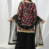 Black Designer Kurti With Georgette Sharara And Net Dupatta
