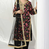 Black Resham Work Suit With Pants And Dupatta