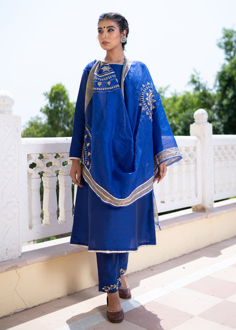 <img> Blue Cotton Silk Gota Patti Suit Set