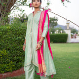 Green Gota Patti Cotton Silk Suit With Pink Dupatta