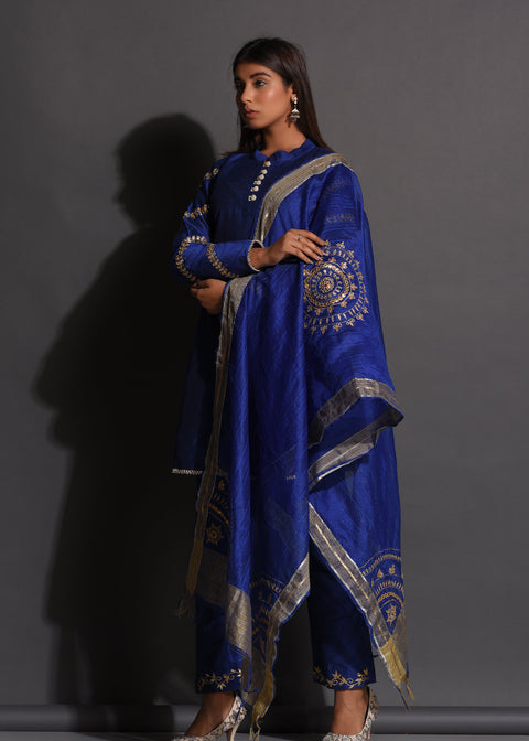 <img> Blue Cotton Silk Gota Patti Suit Set With Dupatta