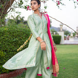 Green Gota Patti Cotton Silk Suit With Pink Dupatta