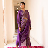 Purple Cotton Pant Saree With Chiffon Jacket And Dupatta