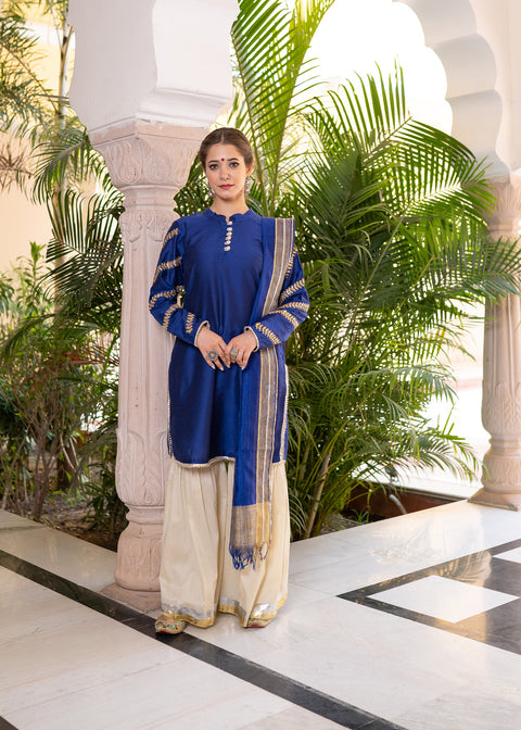 <img> Blue Cotton Silk Gota Patti Gharara Suit Set