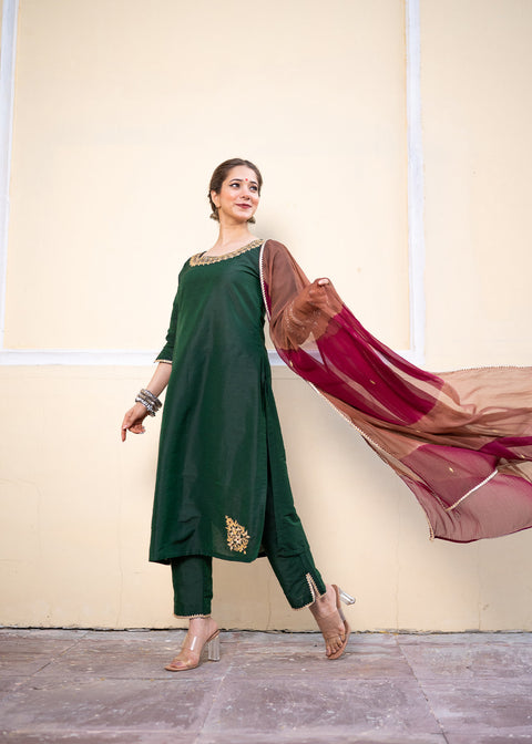 <img> Bottle Green Cotton Silk Gota Patti Suit Set