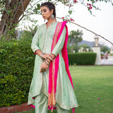 Green Gota Patti Cotton Silk Suit With Pink Dupatta
