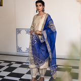 Gold Blue Cotton Suit Hand Blocked In Antique Gold