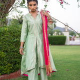 Green Gota Patti Cotton Silk Suit With Pink Dupatta
