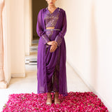 Purple Cotton Pant Saree With Chiffon Jacket And Dupatta