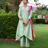 Green Gota Patti Cotton Silk Suit With Pink Dupatta