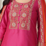 Pink Raw Silk Embroidered Kurti With Salwar And Contrast Dupatta
