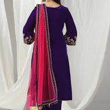 Purple Velvet Kurti With Gold Zari And Resham Thread Work With Dupatta Set