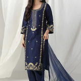 Blue Raw Silk Elegant Dori Hand Embroidered Suit With Salwar And Dupatta