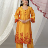 Yellow Raw Silk Embroidered Kurti With Pants And Contrast Dupatta