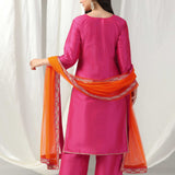 Pink Raw Silk Embroidered Kurti With Salwar And Contrast Dupatta