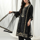 Black Raw Silk Dori Hand Embroidered Suit With Salwar And Dupatta