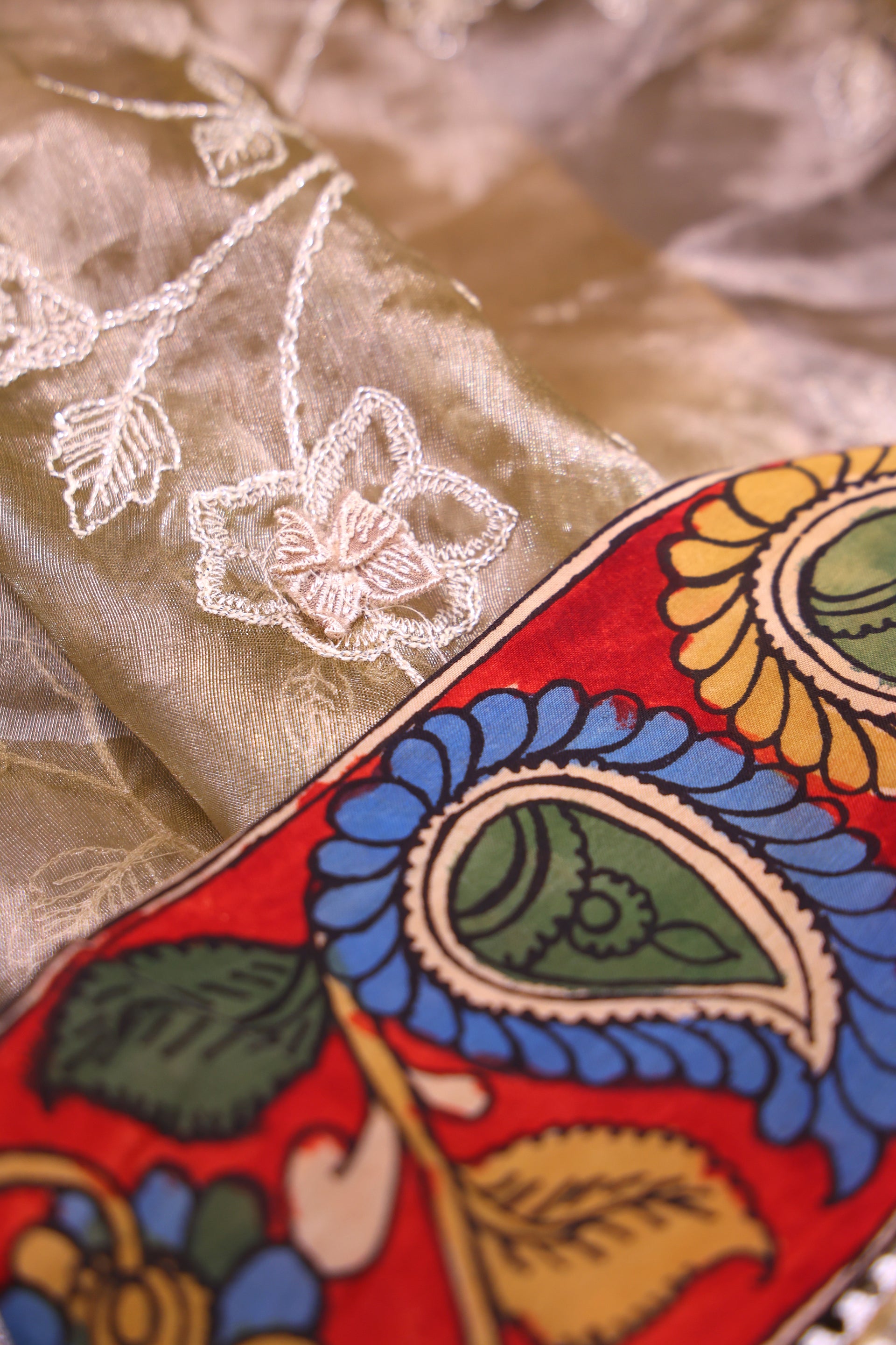 <img> Pink Tissue Organza Pen Kalamkari Saree