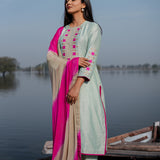 Green And Pink Cotton Kurta Set With Hand Embroidery