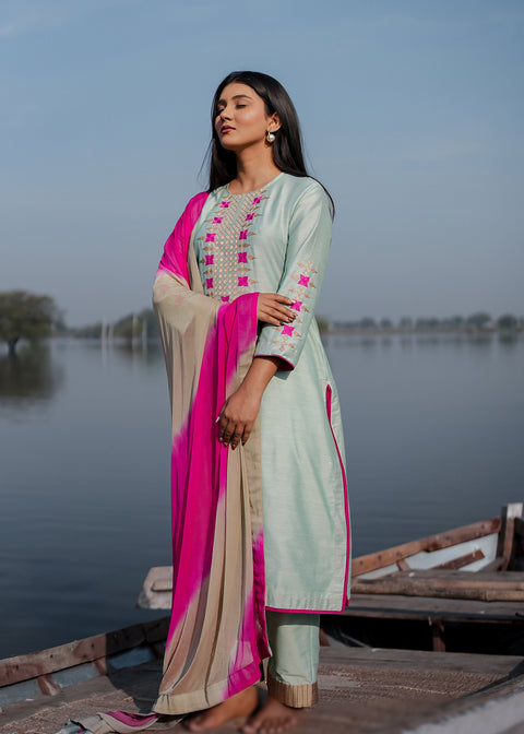 <img> Green And Pink Cotton Kurta Set With Hand Embroidery