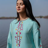 Blue Cotton Kurta Set With Hand Embroidery