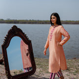 Peach And Pink Cotton Kurta Set With Hand Embroidery