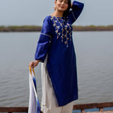 Blue Cotton Kurta Set With Hand Embroidery And Leheriya Dupatta