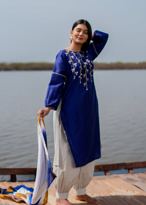 <img> Blue Cotton Kurta Set With Hand Embroidery And Leheriya Dupatta