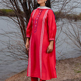 Red And Blue Cotton Kurta Set With Hand Embroidery