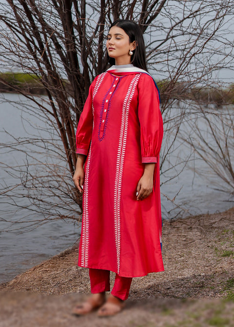 <img> Red And Blue Cotton Kurta Set With Hand Embroidery