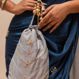 Blue Gota Patti Chinon Saree With Grey Cotton Silk Blouse