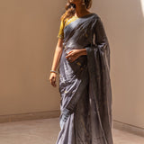 Grey Gota Patti Chinon Saree With Mustard Cotton Silk Blouse