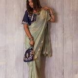 Pastel Green Gota Patti Chinon Saree With Navy Blue Cotton Silk Blouse