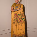 Mustard Hand Blocked Chinon Saree Set