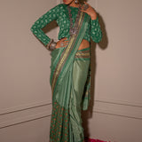 Pastel Green Hand Blocked Chinon Saree Set