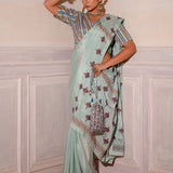 Pastel Blue Hand Blocked Chinon Saree Set