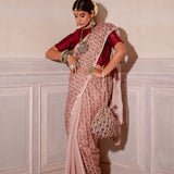 Blush Pink Hand Blocked Chinon Saree Set