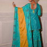 Turquoise Blue Chinon Gharara Set With Yellow Dupatta