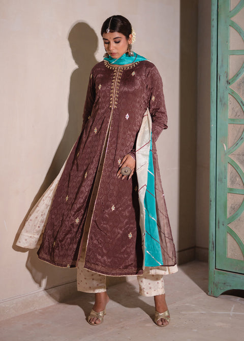 <img> Dark Brown Jacketed Chinon Suit Set
