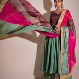 Sea Green And Multicolour Chinon Suit And Palazzo Set