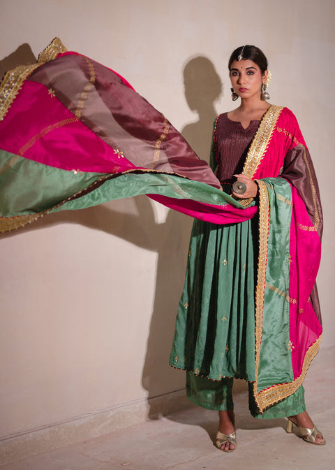 <img> Sea Green And Multicolour Chinon Suit And Palazzo Set