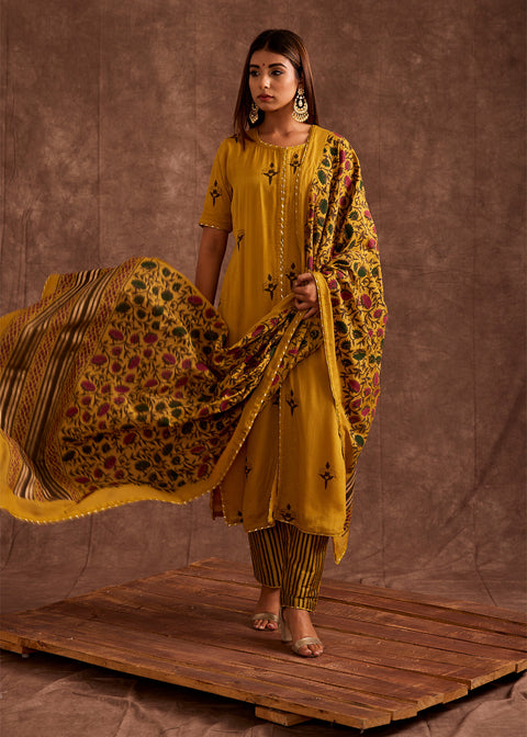 <img> Mustard Hand Blocked In Multi Prints Suit Set