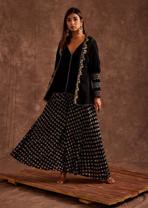 <img> Black Pure Chinon Sharara Set With Jacket