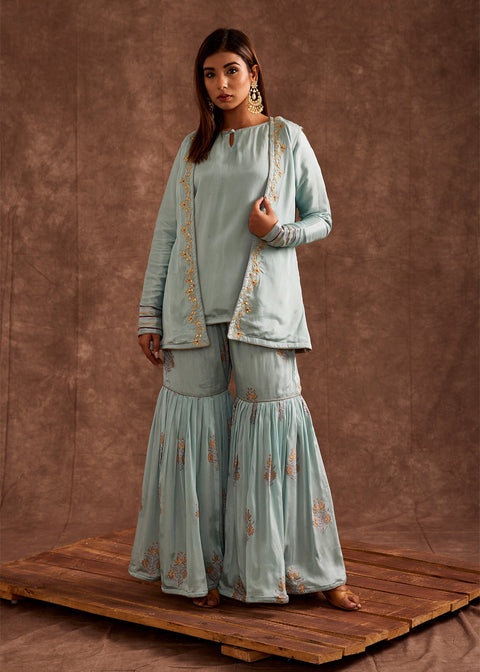 <img> Pastel Blue Jacketed Pure Chinon Gharara Set