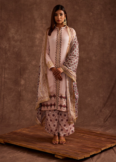 <img> Blush Pink Pure Chinon Peshwari Suit Set