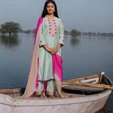 Green And Pink Cotton Kurta Set With Hand Embroidery