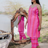 White And Pink Cotton Kurta Set With Hand Embroidery