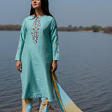 Blue Cotton Kurta Set With Hand Embroidery